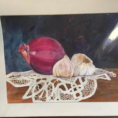 Still Life Painting of Onion and Garlic on Lace Mat