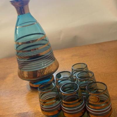 Blue Glass Decanter With Six Matching Glasses