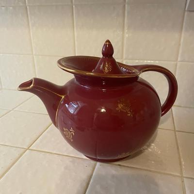 Hall China Maroon Teapot with Gold Accents