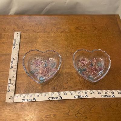 Pair of Heart-Shaped Glass Dishes with Floral Design