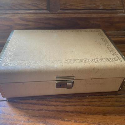 Beige and Gold-Tone Jewelry Box with Velvet Interior