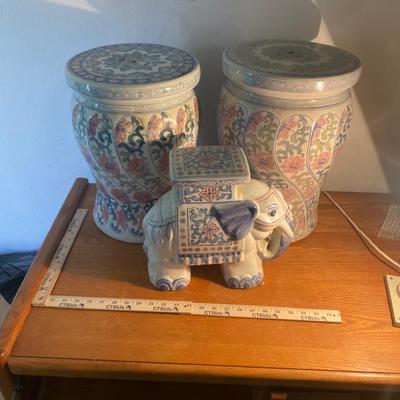 Decorative Ceramic Elephant and Two Matching Ceramic Plant Stands