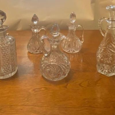 Collection of Five Vintage Glass Decanters and Cruets
