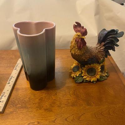 Colorful Flower Vase and Decorative Rooster Sculpture