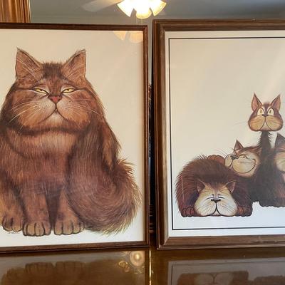 Pair of 1970s Larry Nielson Art Prints Featuring Cats in Wooden Frames