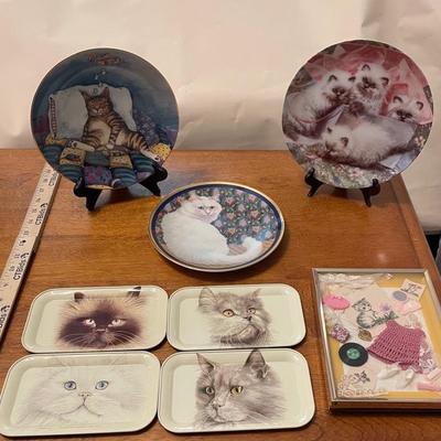 Collection of Cat-Themed Plates and Trays