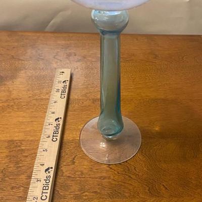 Blue & Clear Hand Blown Art Glass Candle Holder Candlestick