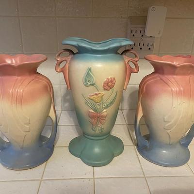 Set of 3 Hull Pottery Vases with Pastel Colors and Floral Design