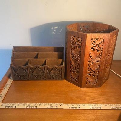 Carved Wooden Desktop Organizer and Wastebasket Set