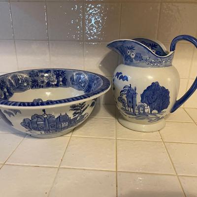 Blue and White Pitcher and Bowl Set with Scenic Design