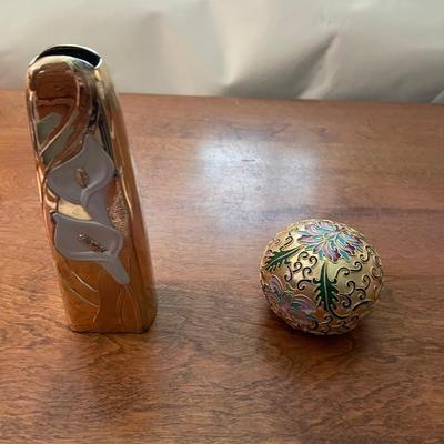 Decorative Gold-Tone Vase and Floral Sphere