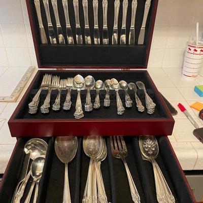 Old Company Plate Flatware in Wooden Chest, Large Set