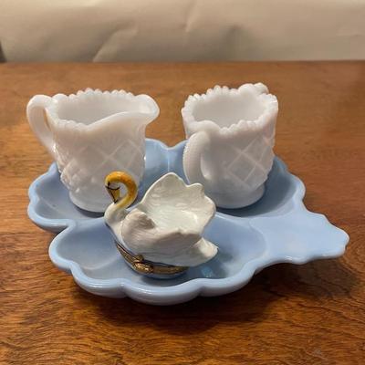 Hand-Painted Limoges France Swan Trinket Box (No. 5/500) + Milk Glass Cream & Sugar Set