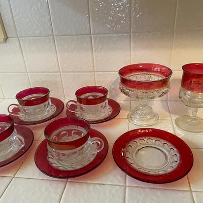 Set of Ruby Flash Glass Cups, Saucers, and Goblets