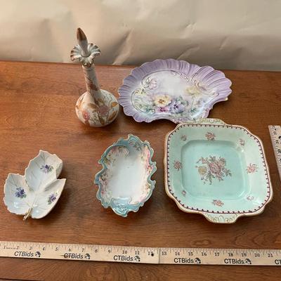 Antique German Porcelain Tray & Hand-Painted Vase + Additional Decorative Dishes