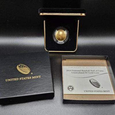 2014 National Baseball Hall of Fame $5 Gold Coin – U.S. Mint Uncirculated w/ COA & Display Box