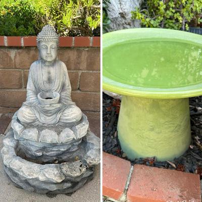 Outdoor Resin Buddha Fountain & Ceramic Bird Bath