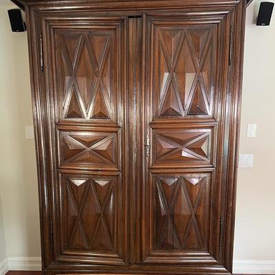 Ornate Solid Carved Wood Armoire W/ Geometric Panel Doors & Lower Drawer | Contents Not Included