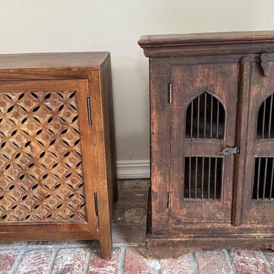 Pair of Rustic Wood Cabinets | Hand Carved & Antique Style Designs