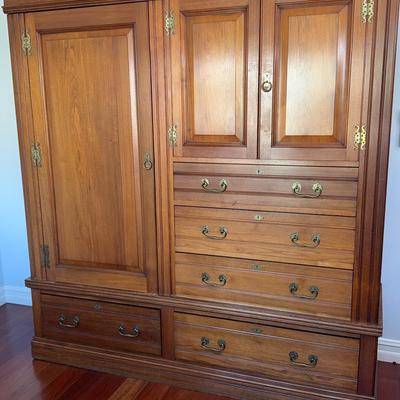Antique European Walnut Armoire | Carved Medallions, Brass Hardware, Dovetail Joinery