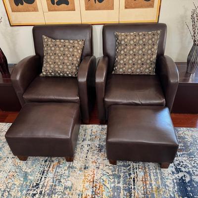 Brown Faux Leather Club Chairs With Ottomans | Side Tables With Storage And Decor Accents 