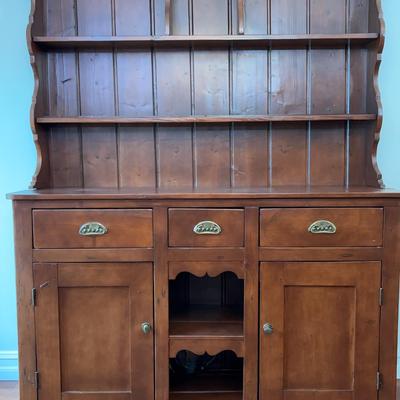 English Pine Welsh Dresser Hutch | Scalloped Skirt & Brass Pulls | Antique Cabinetry