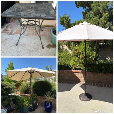 Wrought Iron Patio Table W/ A Pair Beige Market Umbrella & Base