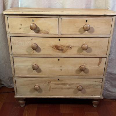 Rustic Antique Pine Chest of Drawers | Five Drawer Dresser with Turned Wood Knobs