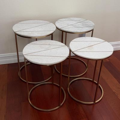 Set Of 4 Marble Stone Top Nesting Accent Tables With Gold Satin Accents And Gold Metal Base