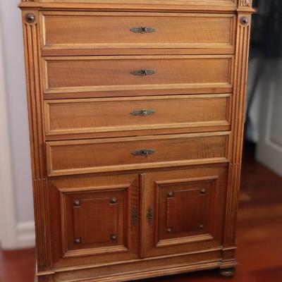 Antique Walnut Chest of Drawers | Carved Acanthus Corners, Brass Keyholes, Paneled Doors