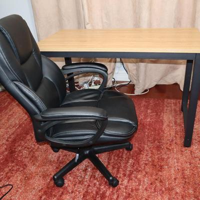 Modern Office Desk & Black Leather Executive Chair – Minimalist Wood & Metal Desk Set