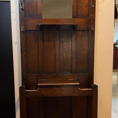 Craftsman Style Oak Hall Tree With Mirror, Hooks And Umbrella Stands