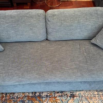 Wayfair McDonough Modern Blue Upholstered Three Seat Sofa W/ Two Pillows 
