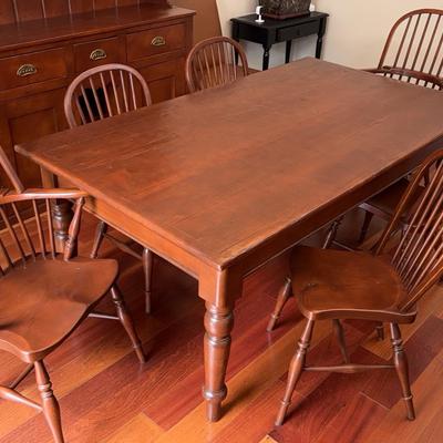 Antique English Pine Farmhouse Dining Table w/ 6 Windsor Chairs | Turned Legs | Sturdy Build
