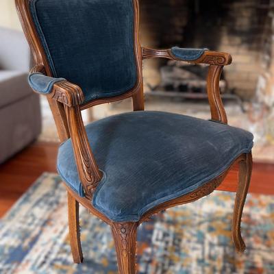 Louis XV Style Carved Armchair With Blue Velvet Upholstery 
