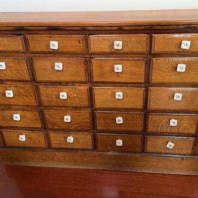 Antique Oak Apothecary Cabinet | 24 Drawers with Ceramic Numbered Pulls 