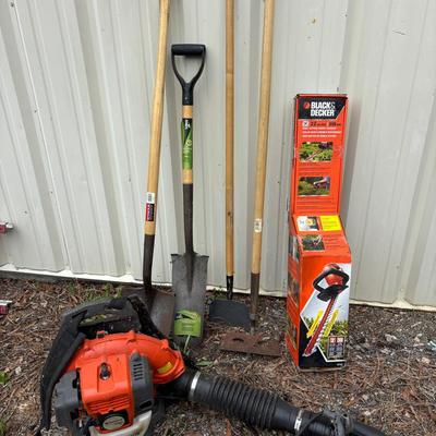 Husqvarna Back Pack Blower, Shovels, B&D Hedge Trimmer 