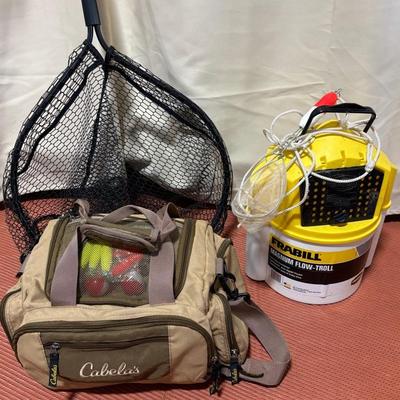 Shadow Tech Landing Net, Cabelas Tackle Bag, Assorted Lures, Farbill Live Bait Bucket 