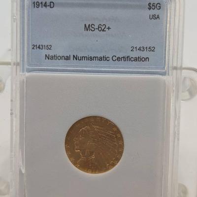 1914-D $5 Gold Piece...NNC MS62+