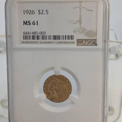1926 $2.50 Indian Head Gold Piece...NGC MS61