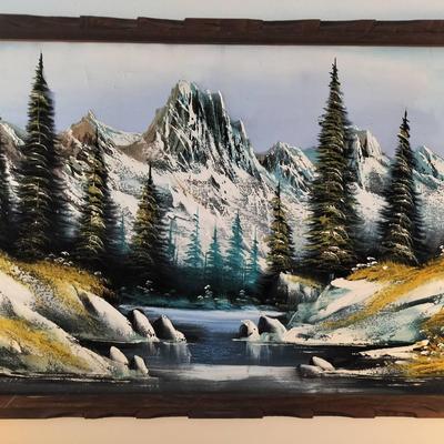 Signed Hand Painted Winter Mountian Vintage Oil Painting In Carved Wooden Frame