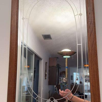 Etched Wooden Framed Wall Mirror