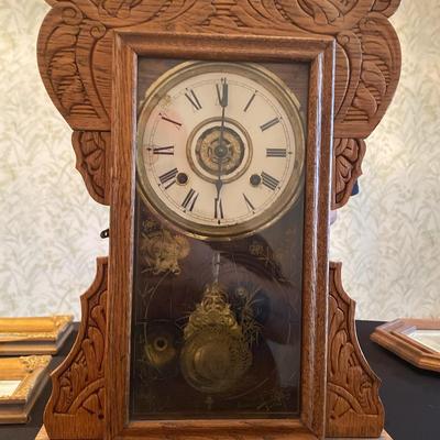 Antique Mantel Clock made by Waterbury Carved Oak Case