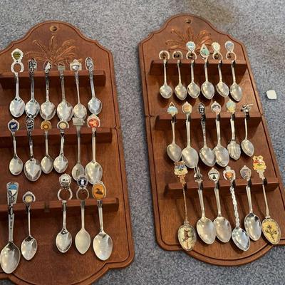 Two Wooden Display Mounts Filled With Collectible Vintage Souvenir Spoons