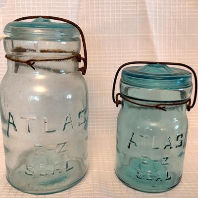 Vintage Atlas E-Z Seal Blue Canning Jars Wire Bail Glass Lid