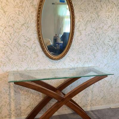 Glass Top Wooden Side Table And Wall Mounted Mirror