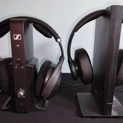 Two Wireless Headphones And 2 Charging Bases By Sony, Insignia, And Sennheiser