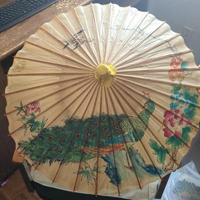 Vintage Asian Rice Paper Parasol Umbrella Hand Painted Peacock & Floral Bamboo