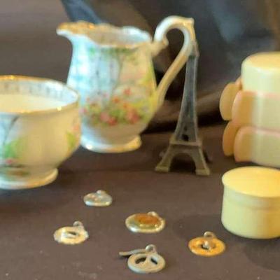 Antique China Cream & Sugar Bowl, Various Make Up Containers, Liberty Bell, Charms. Eiffel Tower. 