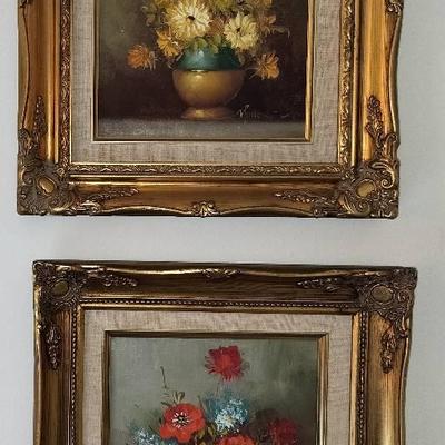 2 Robert Cox Hand Paintined Floral Arangement Oil Paintings In Gilded Frames